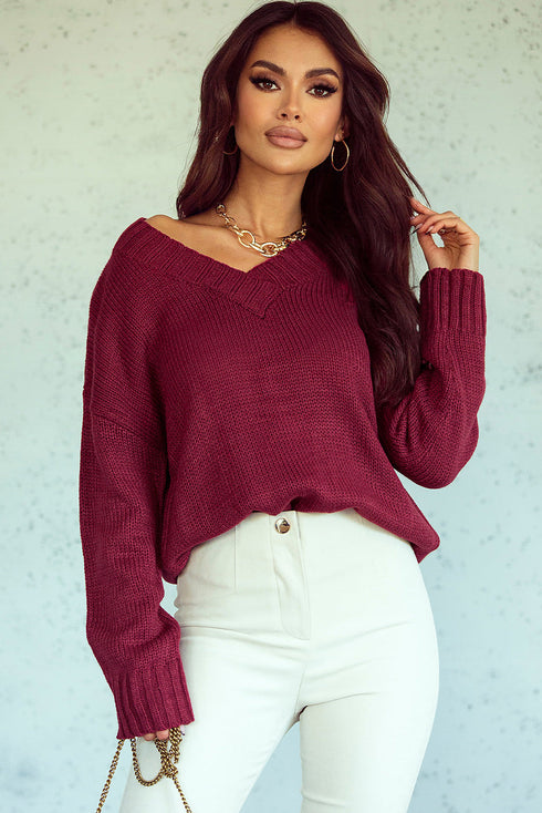 V Neck Drop Shoulder Knitted Sweater